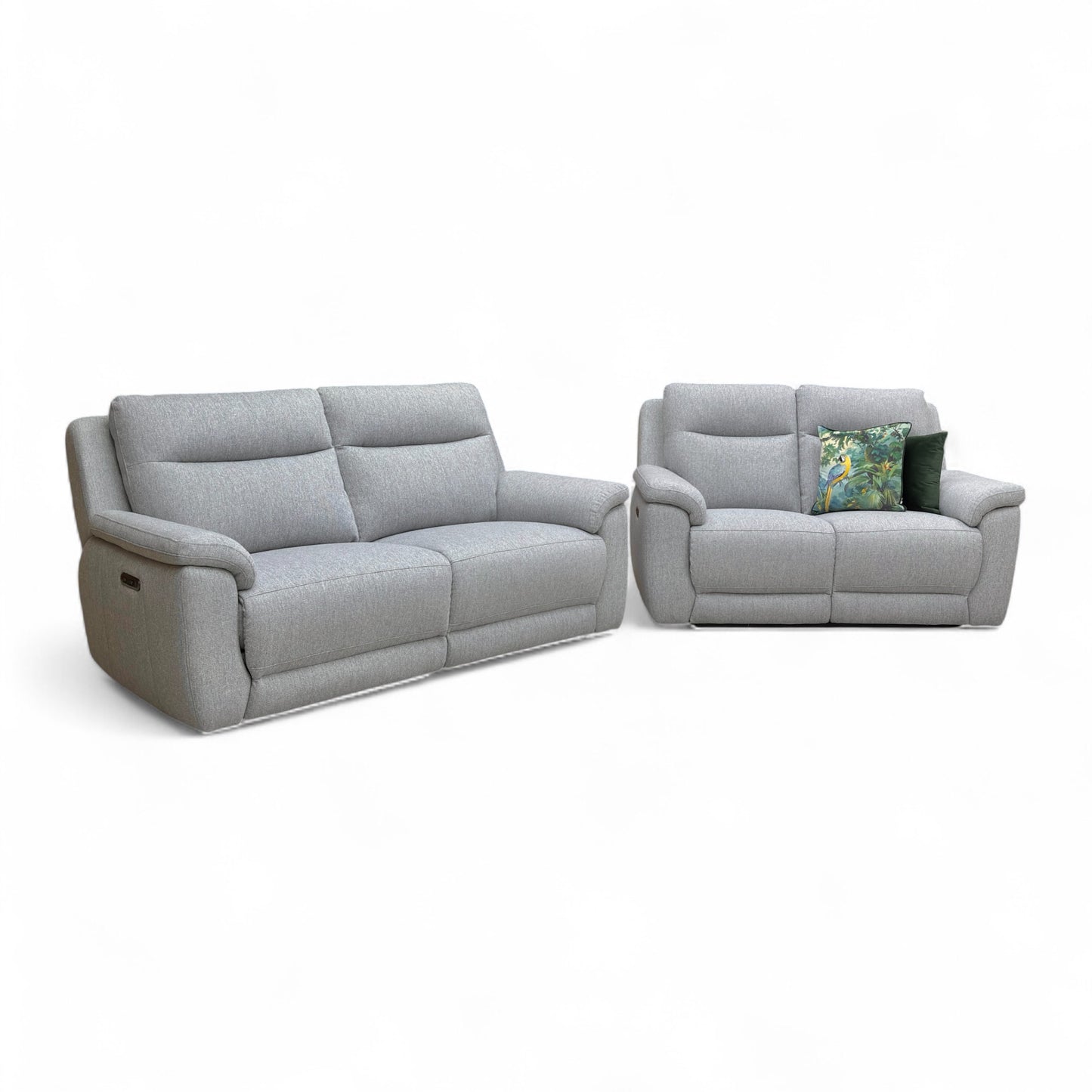 Detail shot showing the tight weave texture of the Stone Grey Florence fabric upholstery.