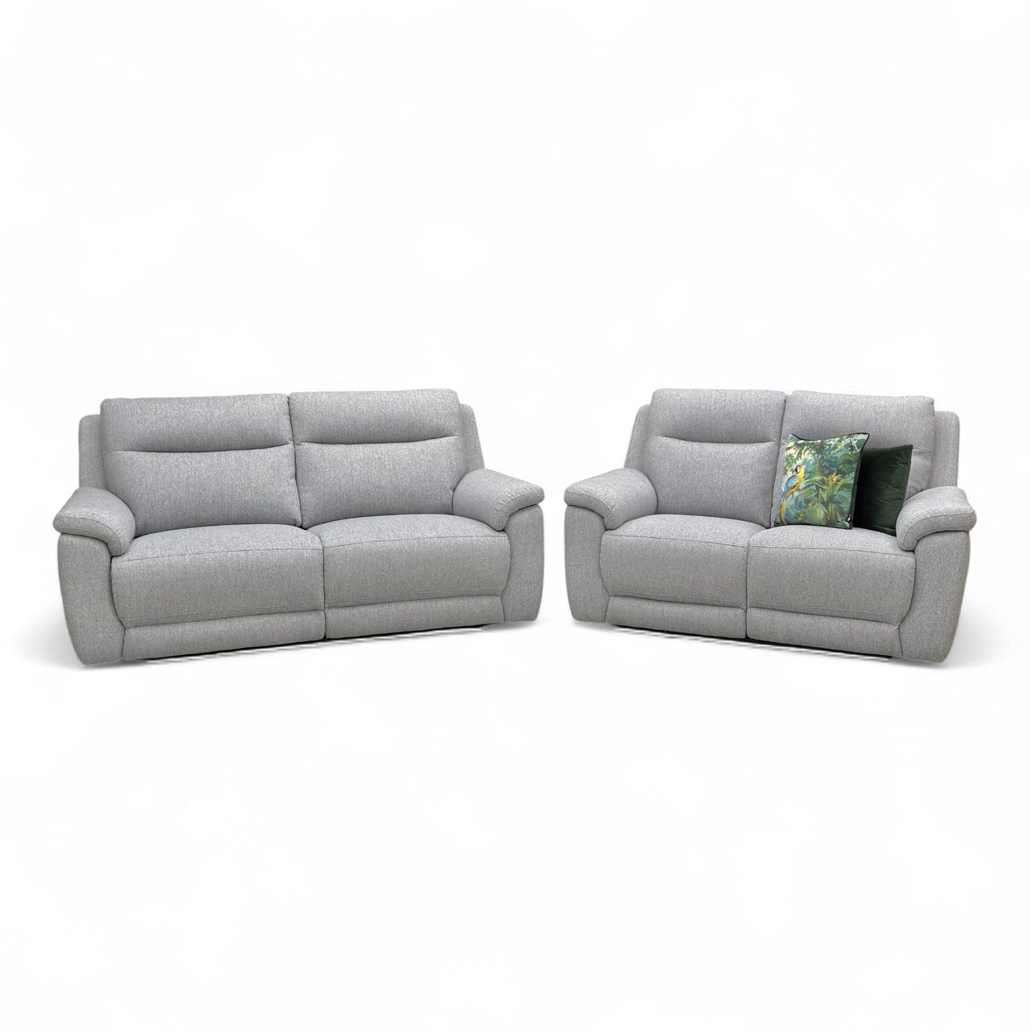 Front view of The 3 + 2 seater 'Bobby' Sofa with the left and right end seats fully reclined, showing the footrests extended.