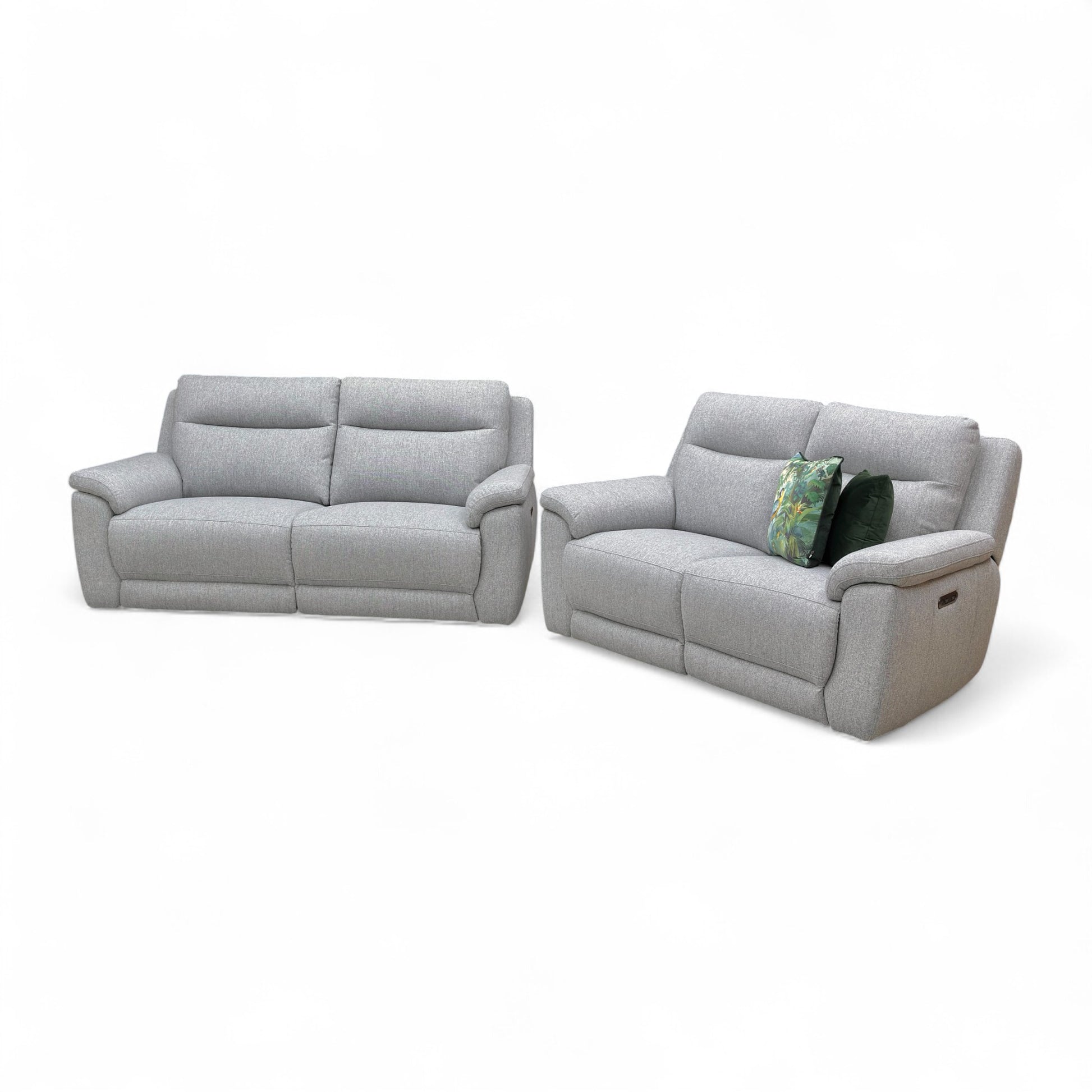 Detail shot showing the tight weave texture of the Stone Grey Florence fabric upholstery.