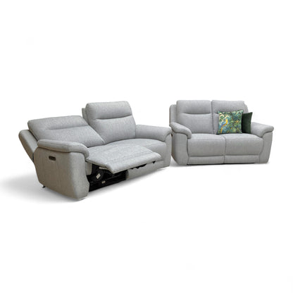 Angled view of the 3 + 2 seater 'Bobby' Power Recliner Sofa in Florence Stone Grey fabric.