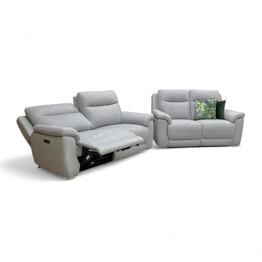 Angled view of the 3 + 2 seater 'Bobby' Power Recliner Sofa in Florence Stone Grey fabric.