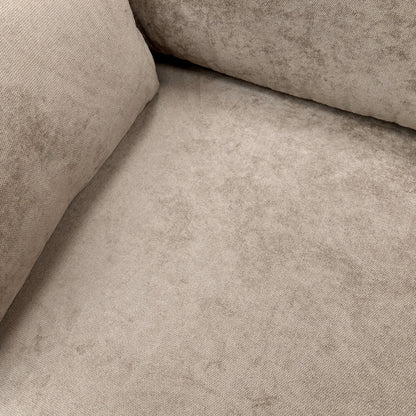 Close-up on the contemporary wooden feet and the bottom edge of the mink fabric sofa.
