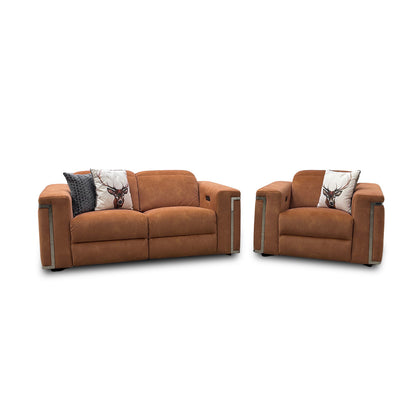 'Cora' Dexter Pumpkin Velvet Power Recliner 2 Seater Sofa with Power Headrest + Power Recliner Chair with Power Headrest