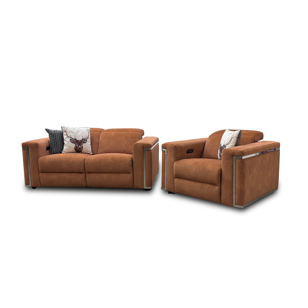 'Cora' Dexter Pumpkin Velvet Power Recliner 2 Seater Sofa with Power Headrest + Power Recliner Chair with Power Headrest