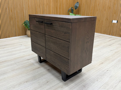 Side view of the Mars solid oak unit, showcasing the depth of the cabinet and the professional dark oak staining.