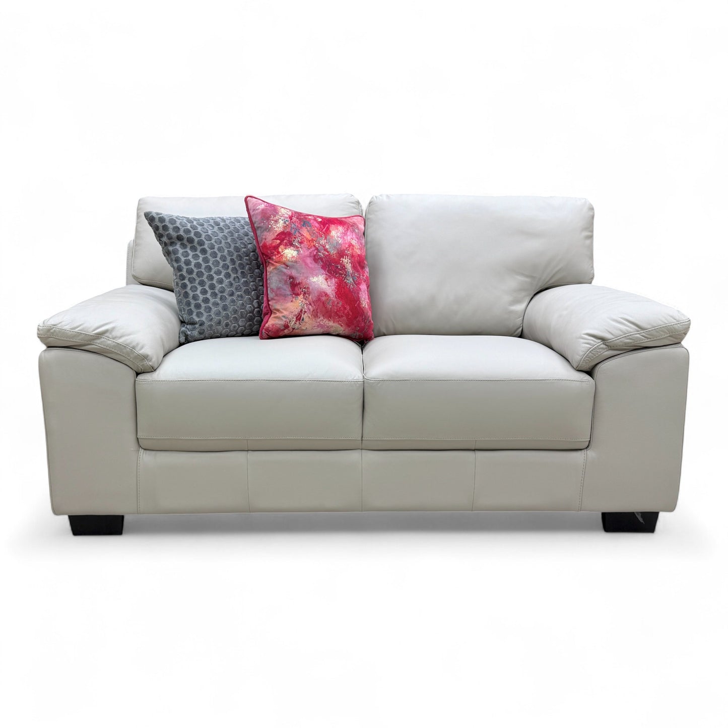 Frontal view of the 'Hofman' light grey leather 2-seater sofa with fixed seat cushions and low, square arms.