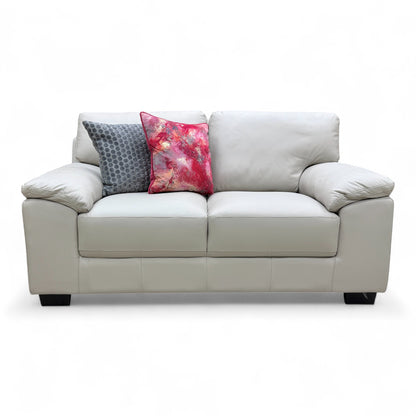 Frontal view of the 'Hofman' light grey leather 2-seater sofa with fixed seat cushions and low, square arms.