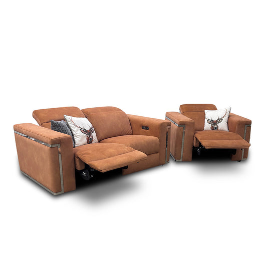 'Cora' Dexter Pumpkin Velvet Power Recliner 2 Seater Sofa with Power Headrest + Power Recliner Chair with Power Headrest
