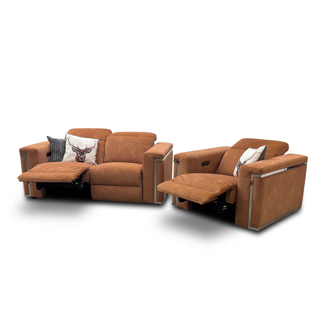 'Cora' Dexter Pumpkin Velvet Power Recliner 2 Seater Sofa with Power Headrest + Power Recliner Chair with Power Headrest