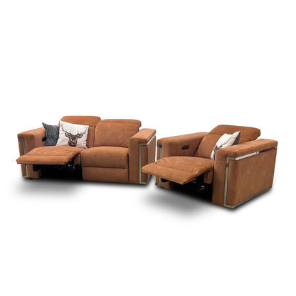 'Cora' Dexter Pumpkin Velvet Power Recliner 2 Seater Sofa with Power Headrest + Power Recliner Chair with Power Headrest