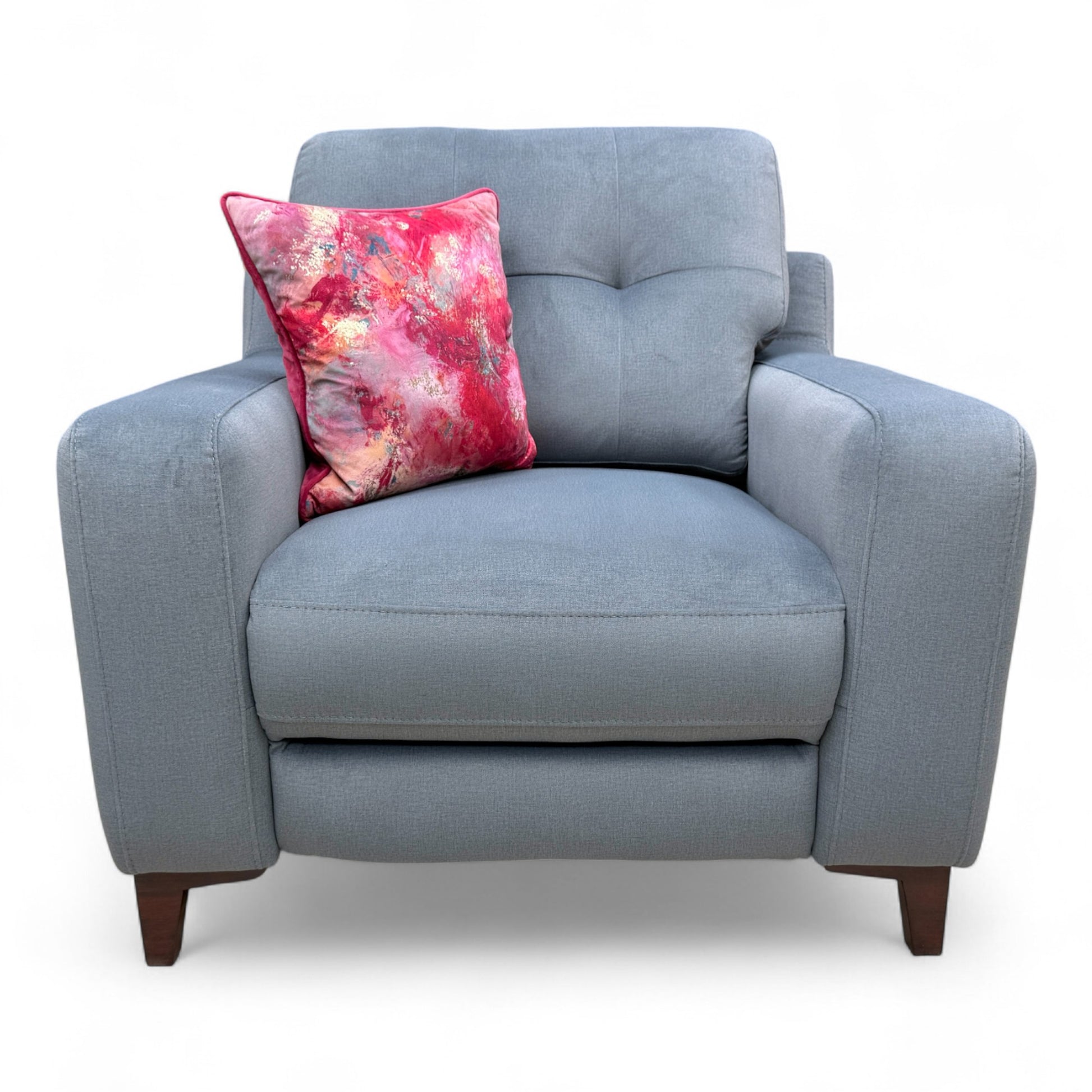 Frontal view of the 'Iris' steel grey velvet power recliner armchair in the upright position, showing its contemporary design.