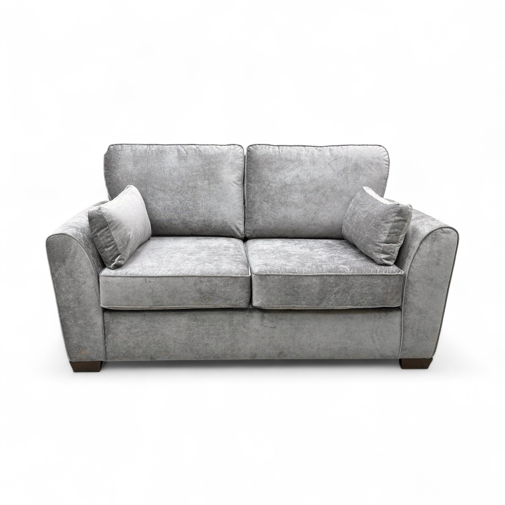 Frontal view of the ‘Julius’ Grey Fabric Sofa, emphasizing the size, armrests, and foam-filled seat cushions.