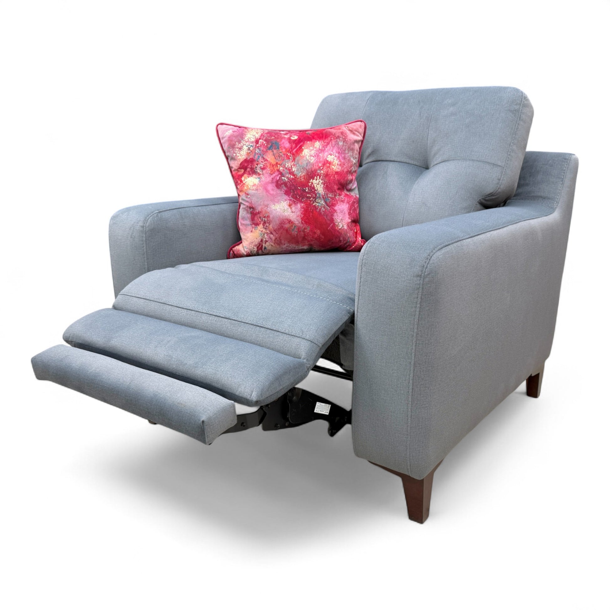 The 'Iris' steel grey velvet power recliner armchair shown in the fully reclined position with the footrest extended.