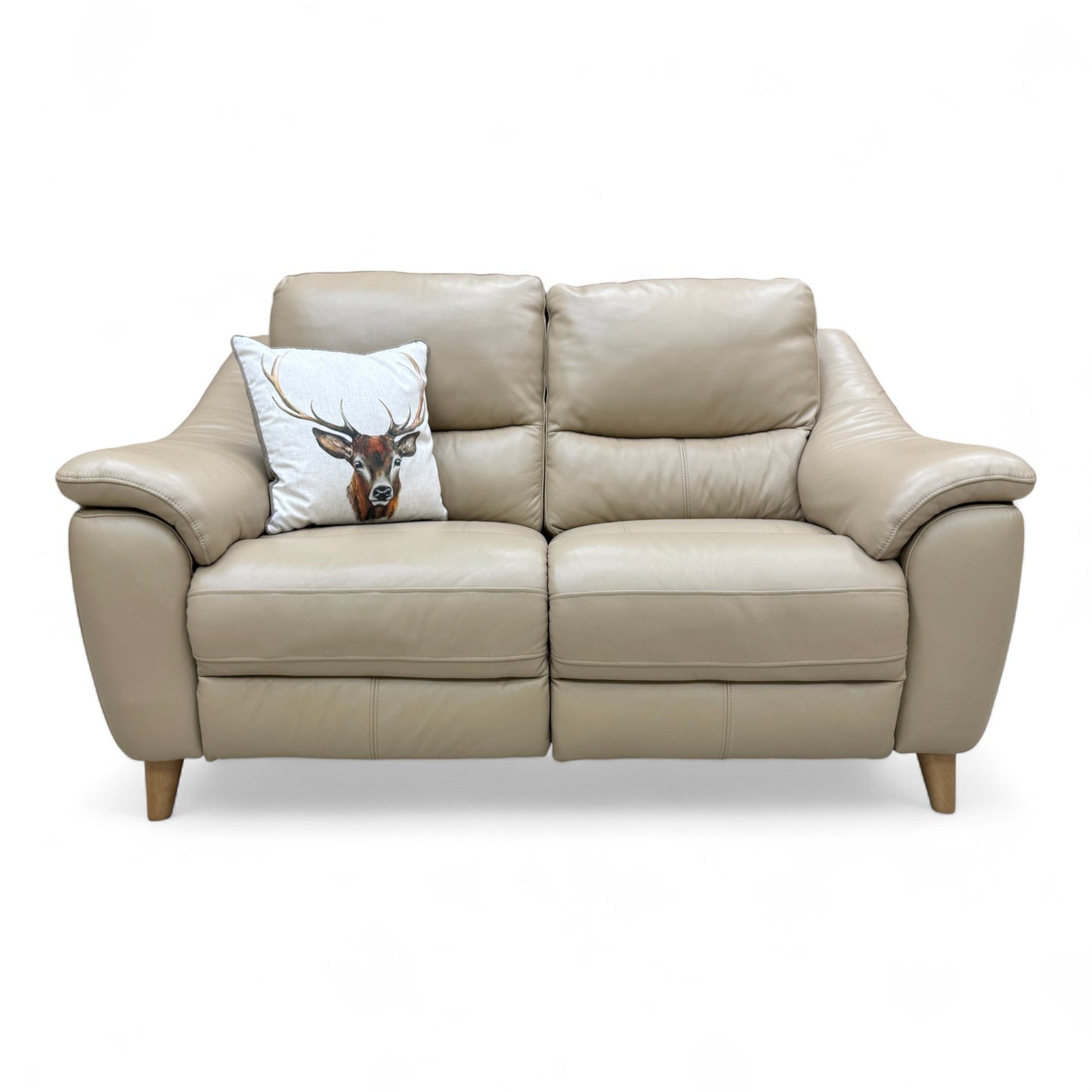 Frontal view of the 'Francis' cream leather 2-seater sofa with both seats in the upright, non-reclined position.