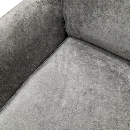 Close-up on the modern wooden feet of the grey fabric sofa.