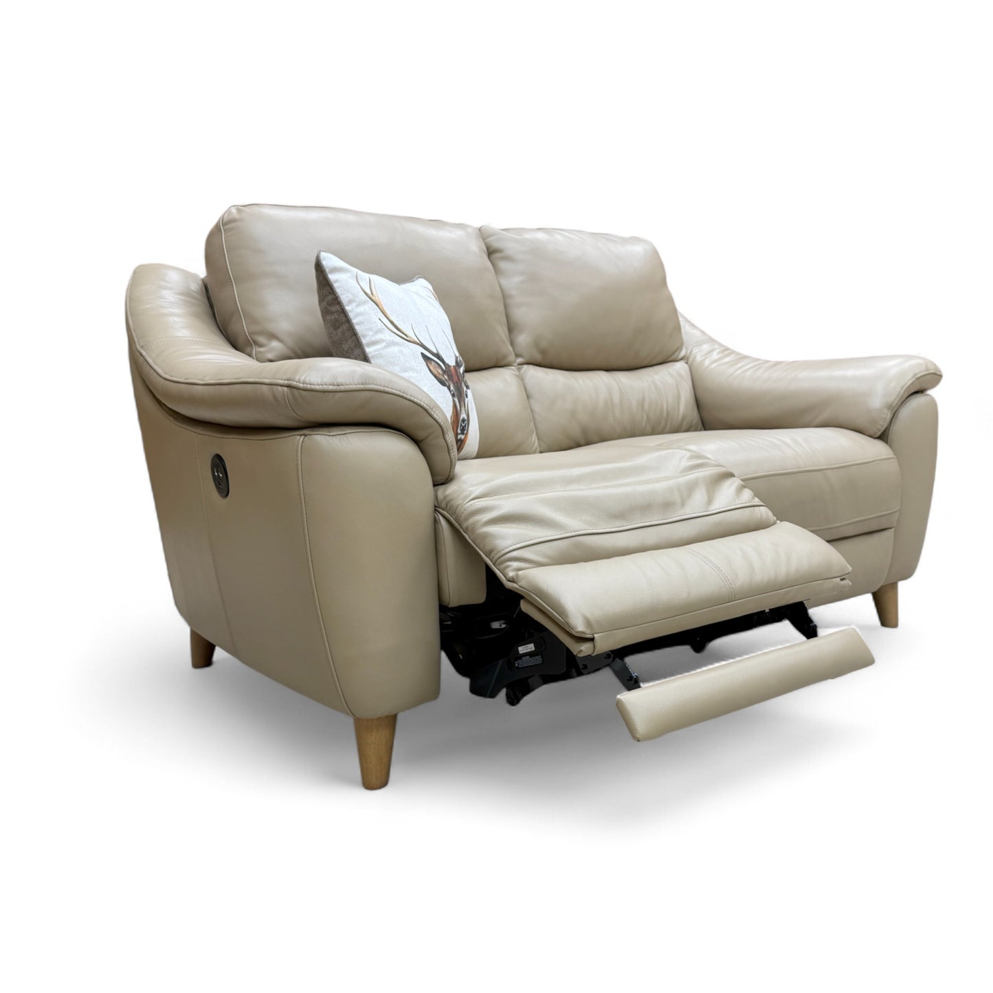 Fabb 'Francis' 2 Seater Power Recliner Sofa in cream-colored leather, shown from an angle, highlighting its modern high-back design.