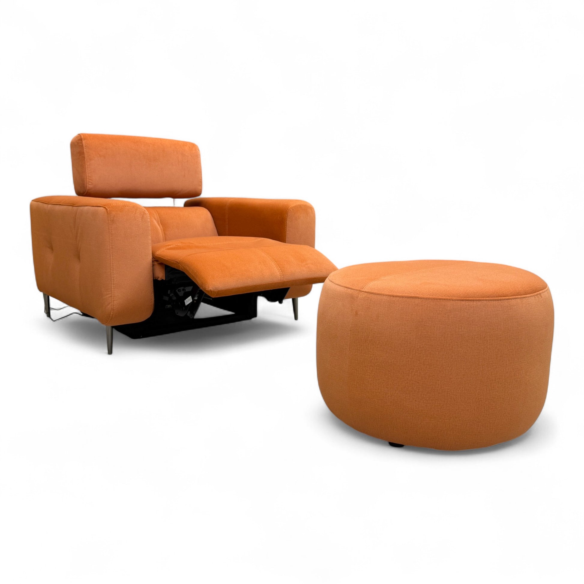 Full View Fabb 'Ezra' Power Recliner Chair in rich rust orange velvet, shown in the upright position with the matching round footstool.