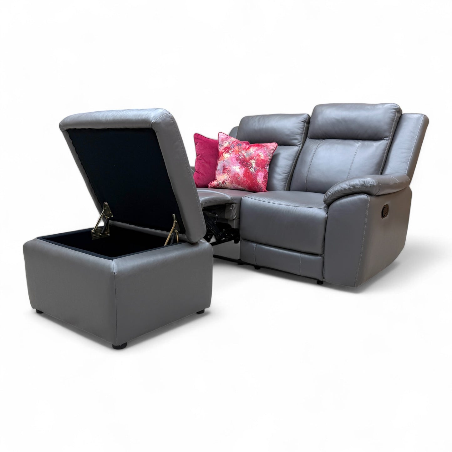 Detailed view of the matching upholstered footstool, with the lid lifted to reveal the interior storage space.