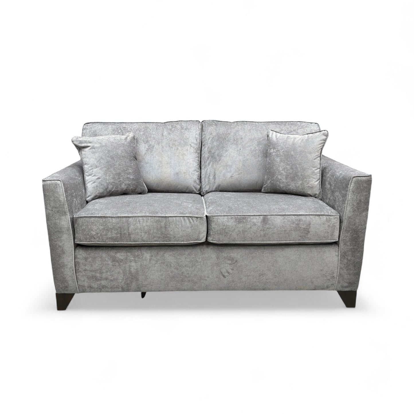 Frontal view of the ‘Smith’ Grey Fabric Sofa, emphasizing the size, armrests, and seat cushions.