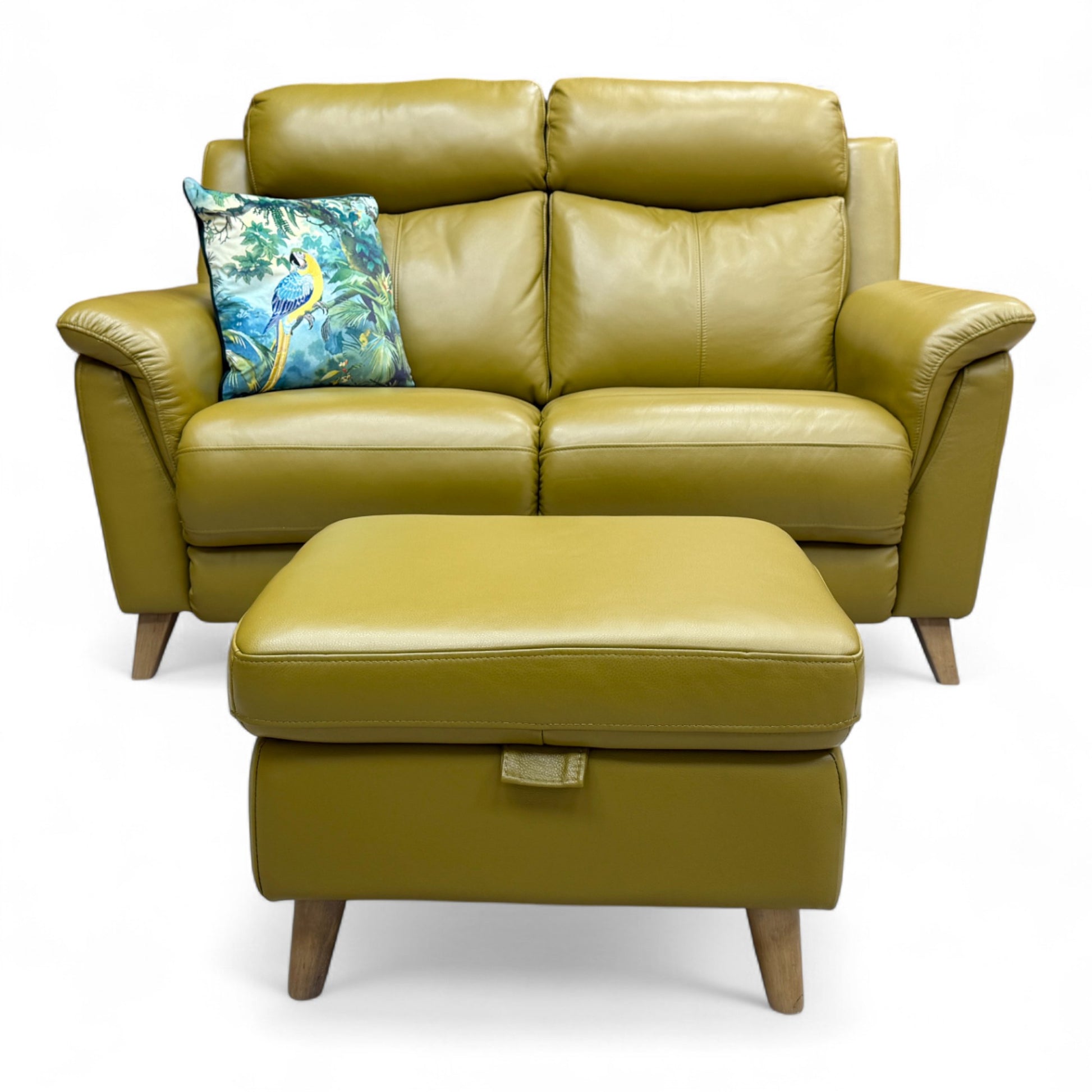 Full front view of the 'Sienna' Mustard Yellow 2 Seater Sofa, showing the padded armrests and deep seating cushions.