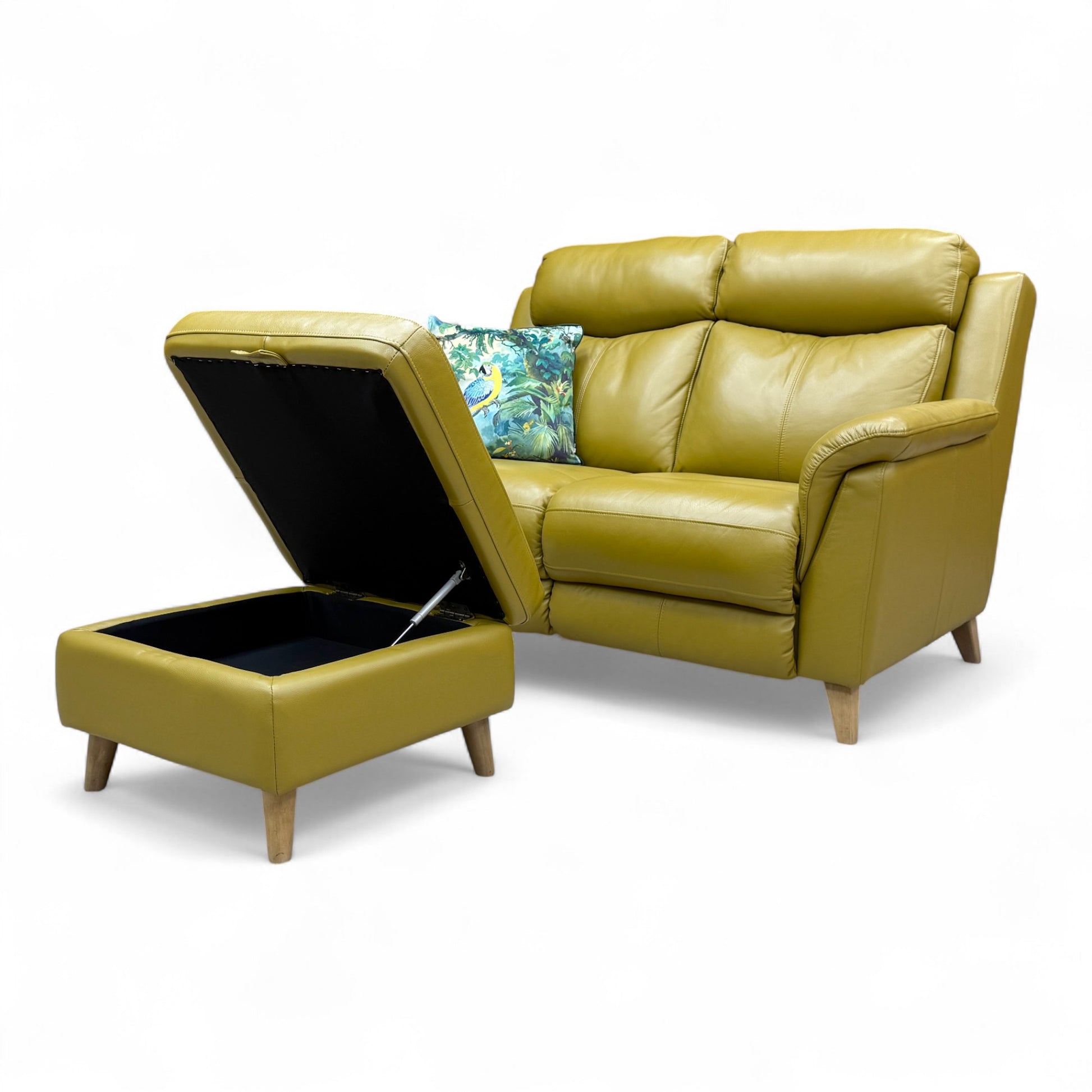 View showing the footstool closed, detailing the upholstered top and compact size.