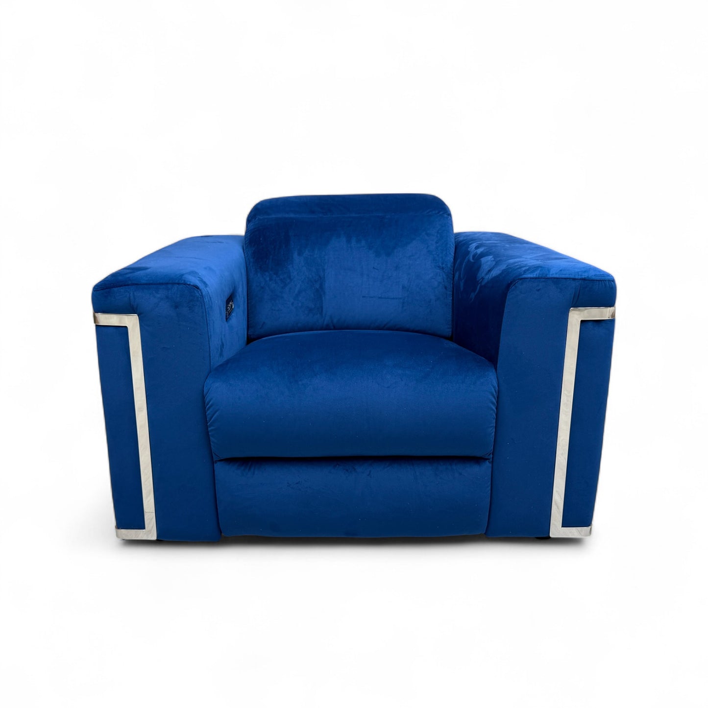 Full front view of the Fabb 'Cora' Power Recliner Armchair in luxurious royal blue velvet, in the upright position.
