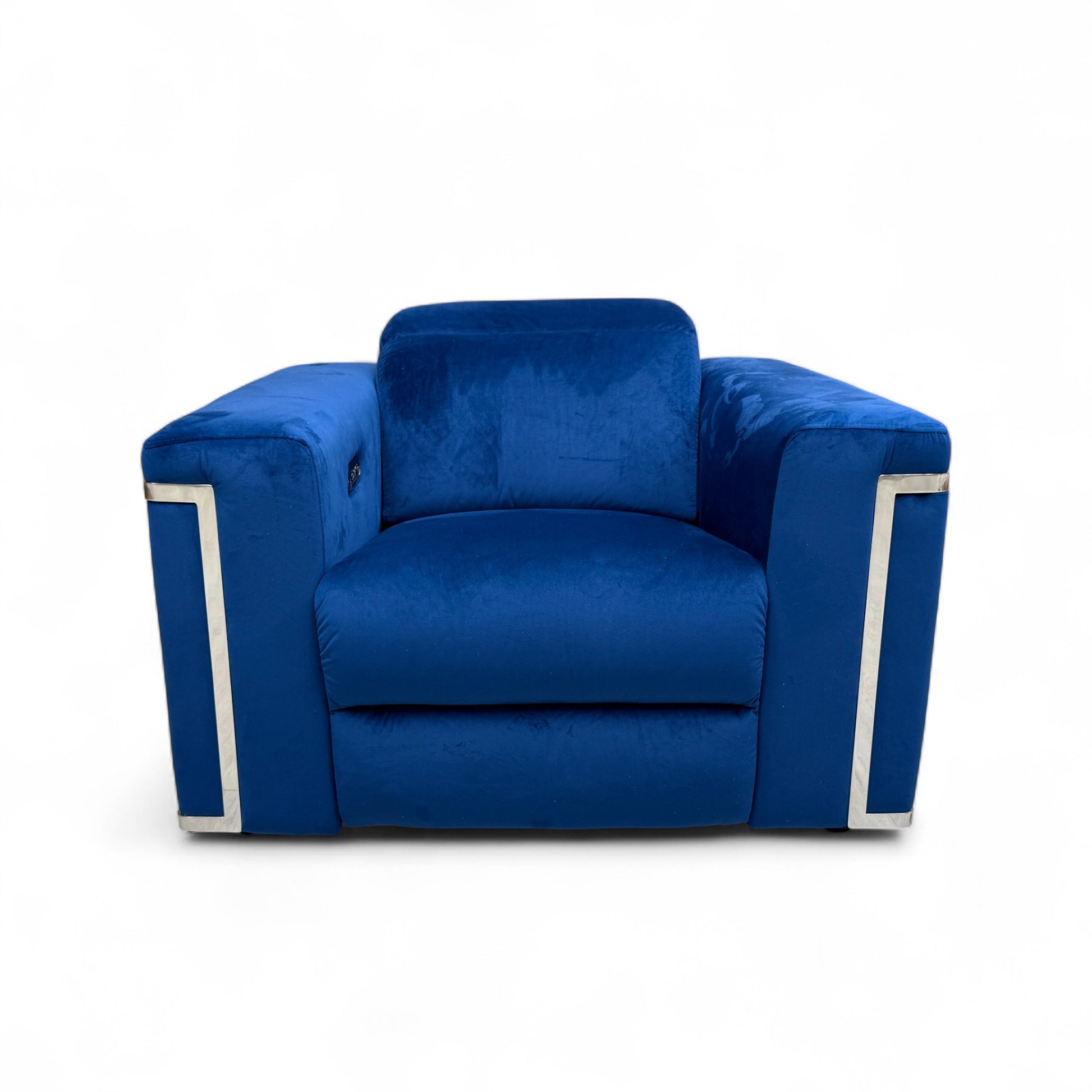 Full front view of the Fabb 'Cora' Power Recliner Armchair in luxurious royal blue velvet, in the upright position.