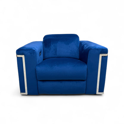 Full front view of the Fabb 'Cora' Power Recliner Armchair in luxurious royal blue velvet, in the upright position.