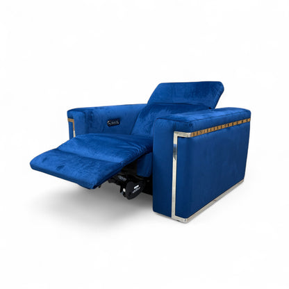 Rear view of the 'Cora' Armchair, confirming the solid royal blue velvet upholstery and modern back style.
