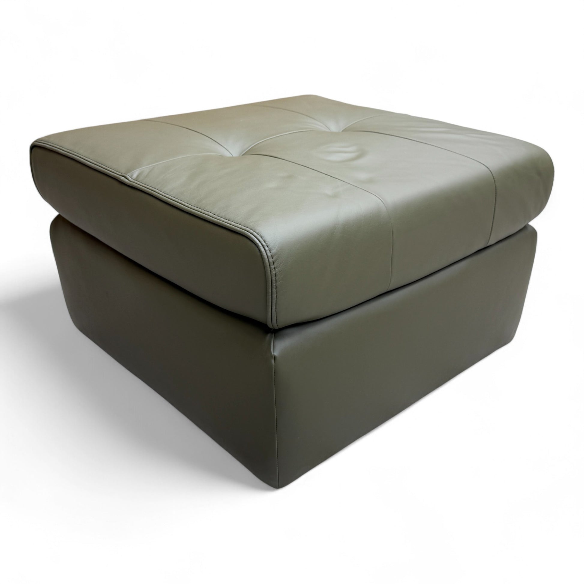 View of the 'Ava' khaki green leather footstool from a slightly different angle, emphasizing its large, supportive surface.