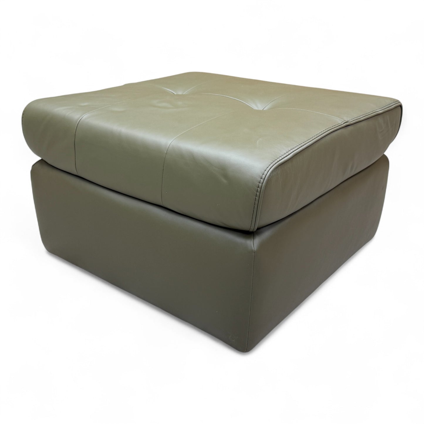 Fabb 'Ava' Large Square Footstool in khaki green leather, shown from an angle, highlighting its size and square shape.