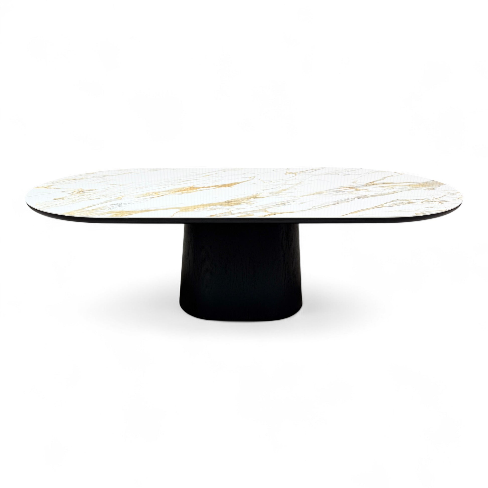 Side view of the 'Allegra' fixed dining table, emphasizing the rectangular ceramic top and the structure of the dark, angular smoked oak base.