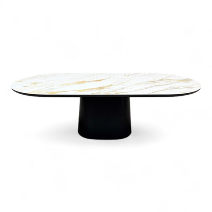 Side view of the 'Allegra' fixed dining table, emphasizing the rectangular ceramic top and the structure of the dark, angular smoked oak base.