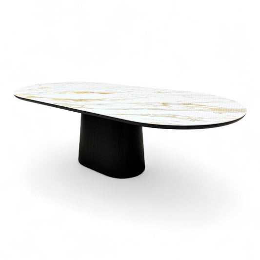 Full, straight-on view of the contemporary Nick Scali 'Allegra' 240cm dining table, showing the glossy white marble-effect ceramic top and dark smoked oak base.