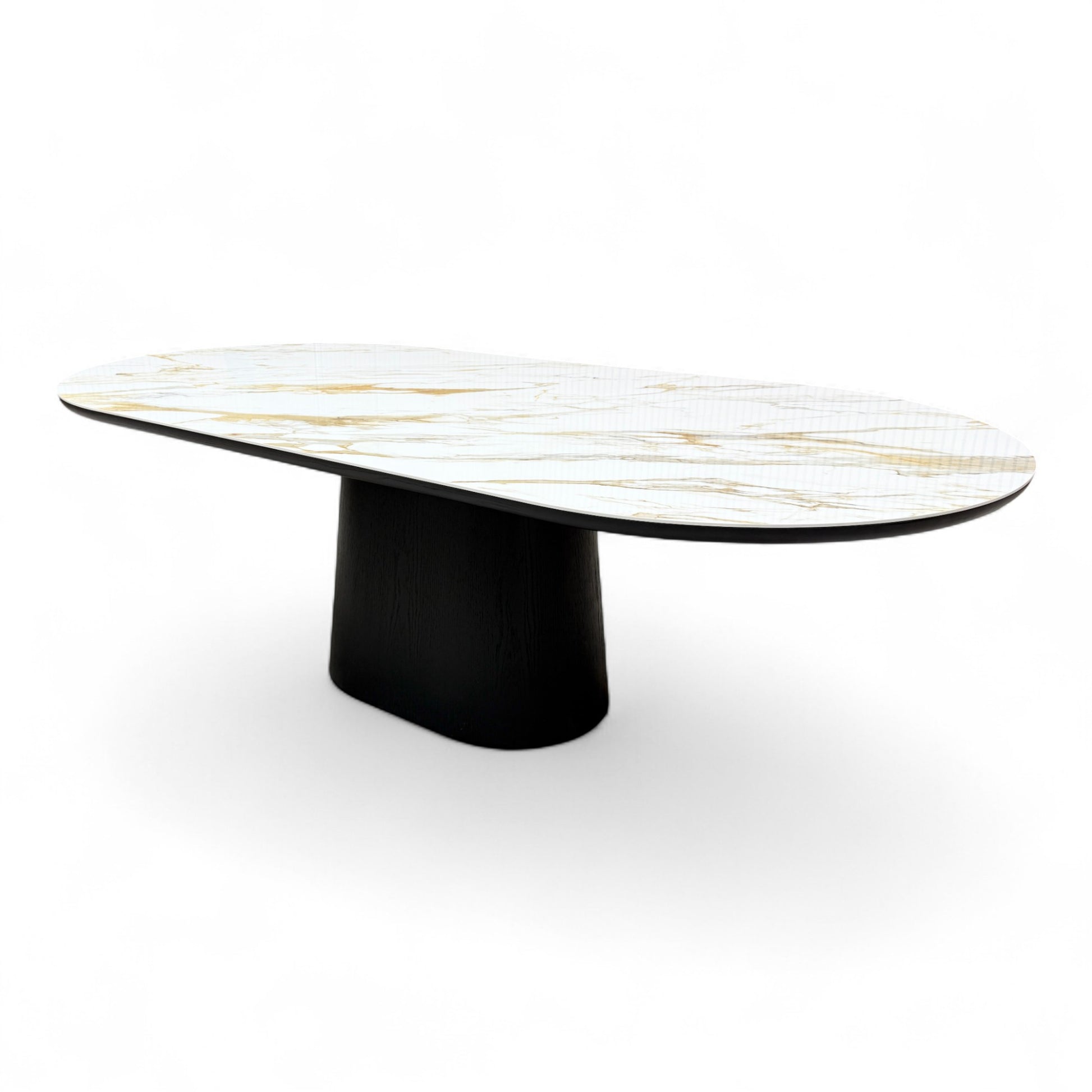 Full, straight-on view of the contemporary Nick Scali 'Allegra' 240cm dining table, showing the glossy white marble-effect ceramic top and dark smoked oak base.