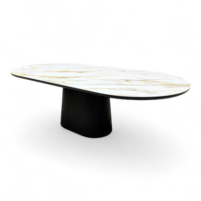 Full, straight-on view of the contemporary Nick Scali 'Allegra' 240cm dining table, showing the glossy white marble-effect ceramic top and dark smoked oak base.