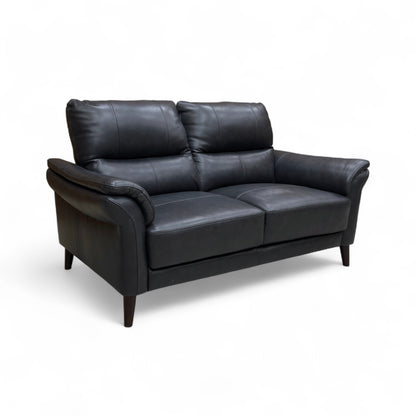 A full shot, possibly a styled lifestyle image of the navy leather sofa in a room setting.