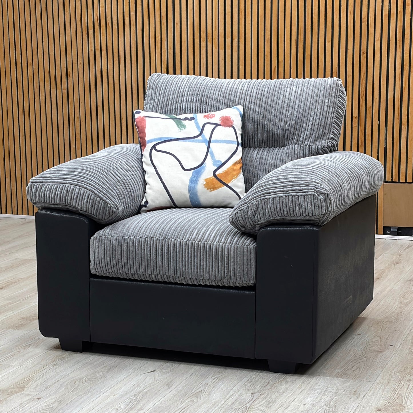 'Armstrong’ Grey Jumbo Cord Fabric Armchair