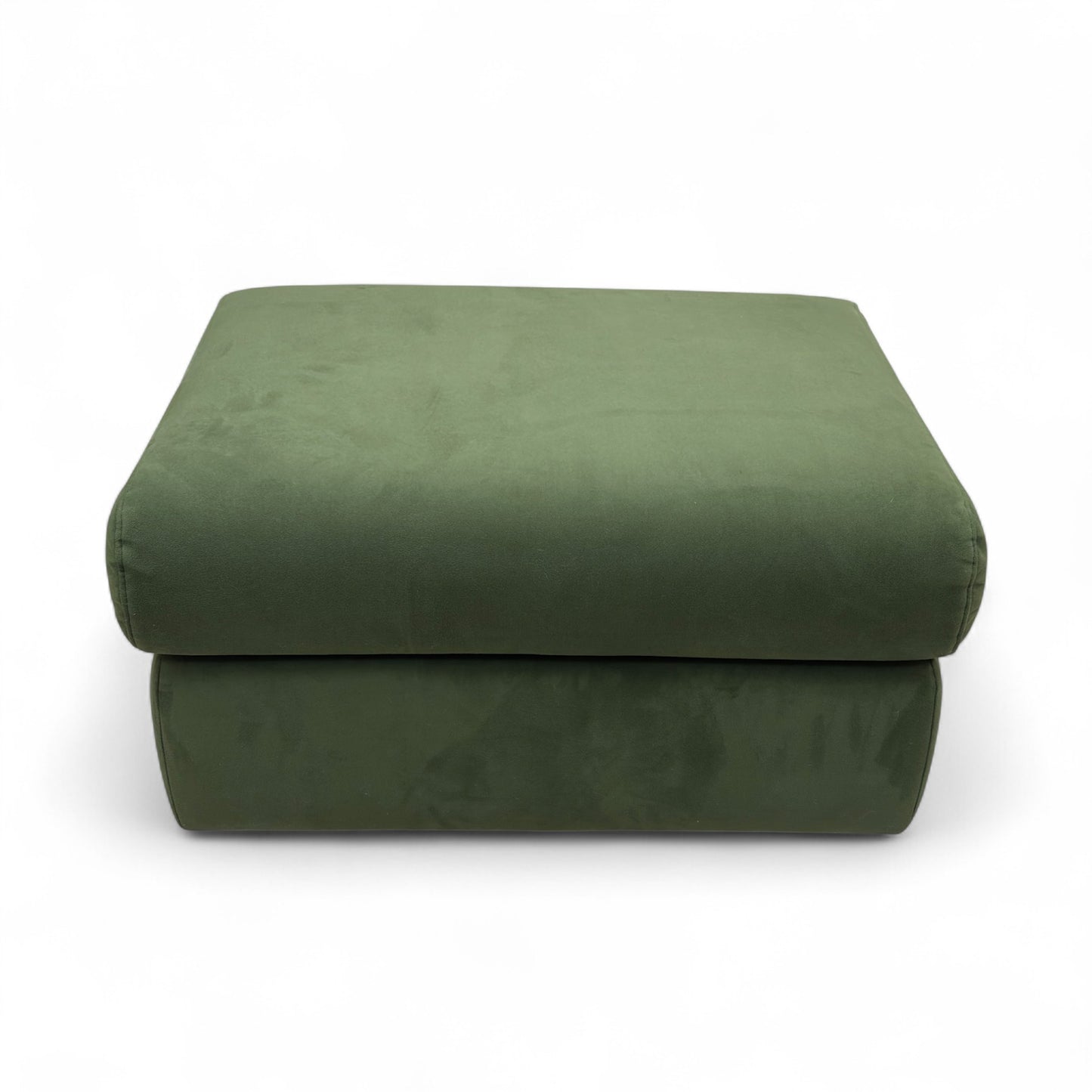 Full front view of the G Plan 'Thornbury' Storage Footstool in plush vine green velvet with the lid closed.