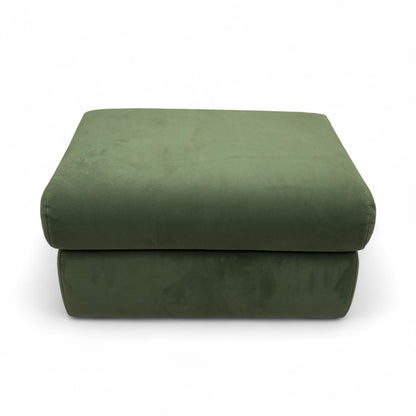 Full front view of the G Plan 'Thornbury' Storage Footstool in plush vine green velvet with the lid closed.