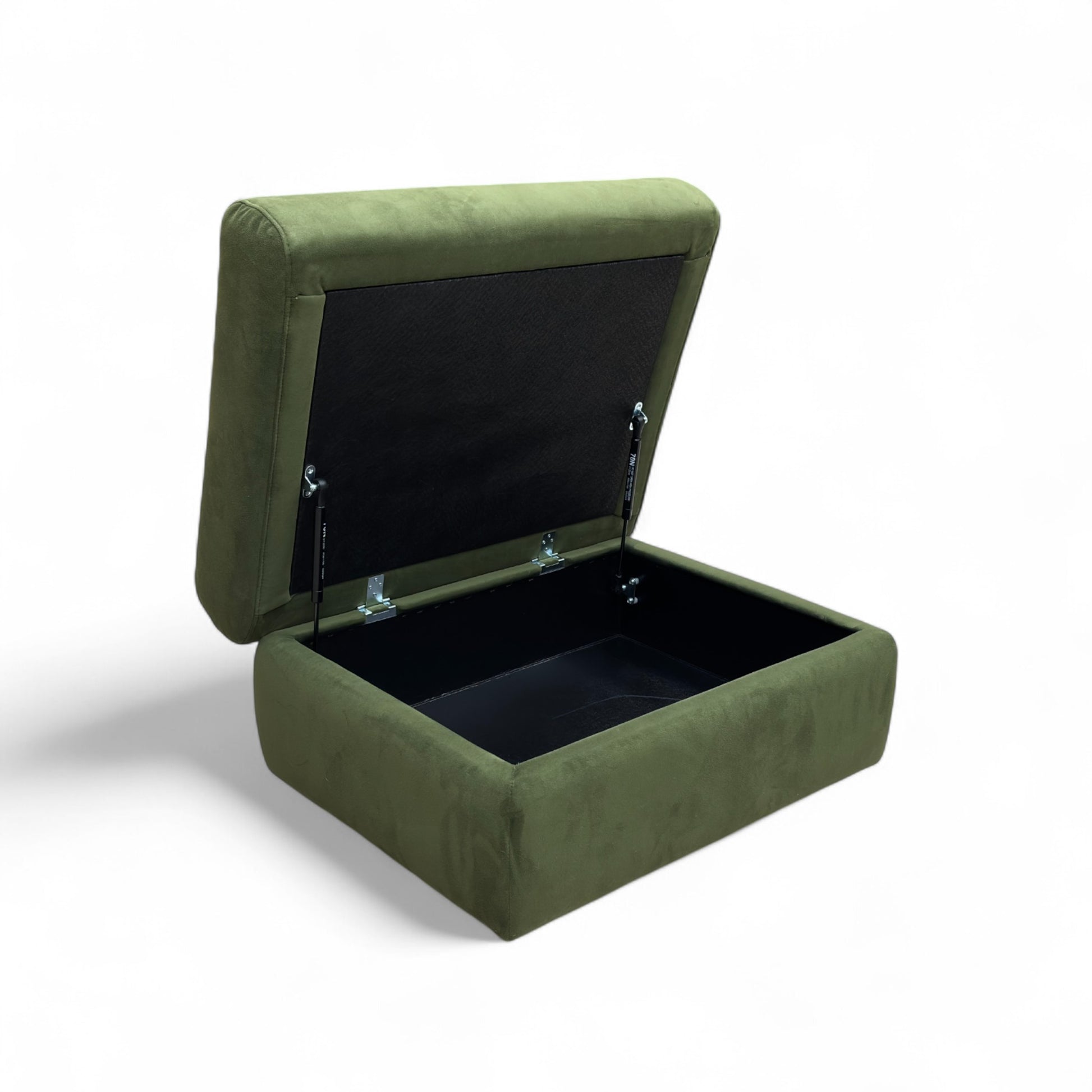A view of the open footstool from above, showing the depth and capacity of the storage compartment.