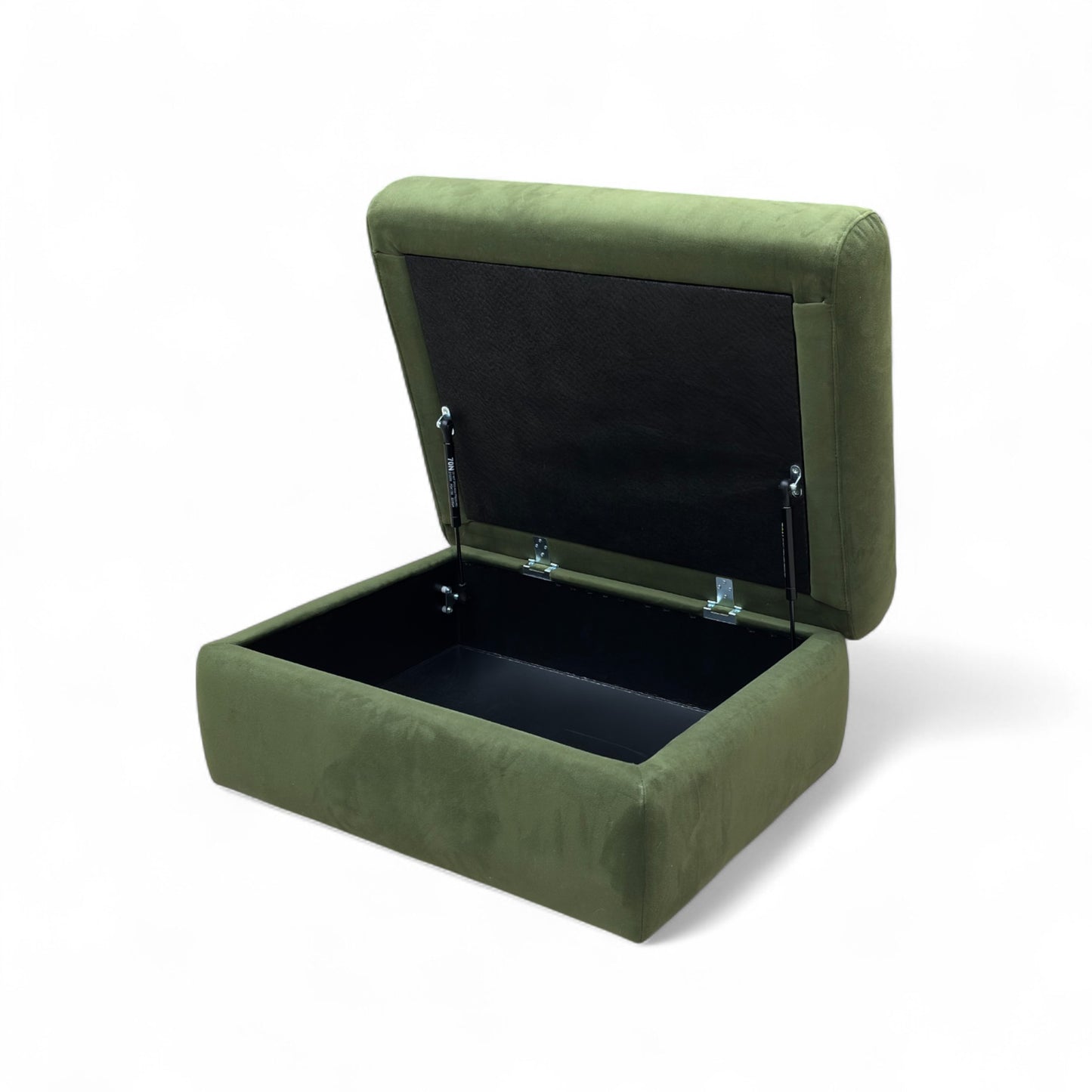 An angled view showing the footstool with the lid open, revealing the internal storage space.