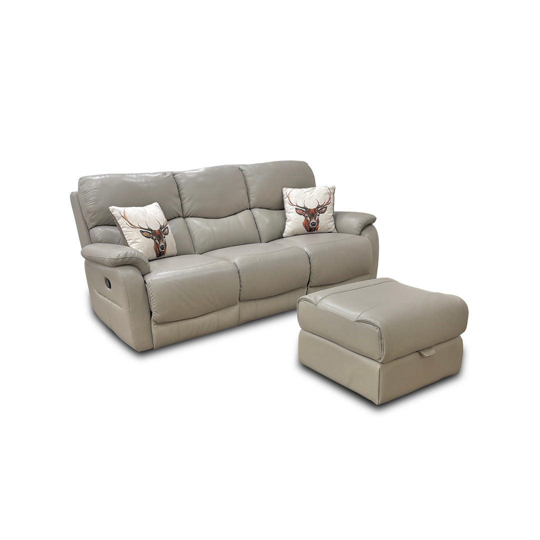 'Evelyn' Lead Grey Leather Manual Recliner 3 Seater Sofa with Storage Footstool