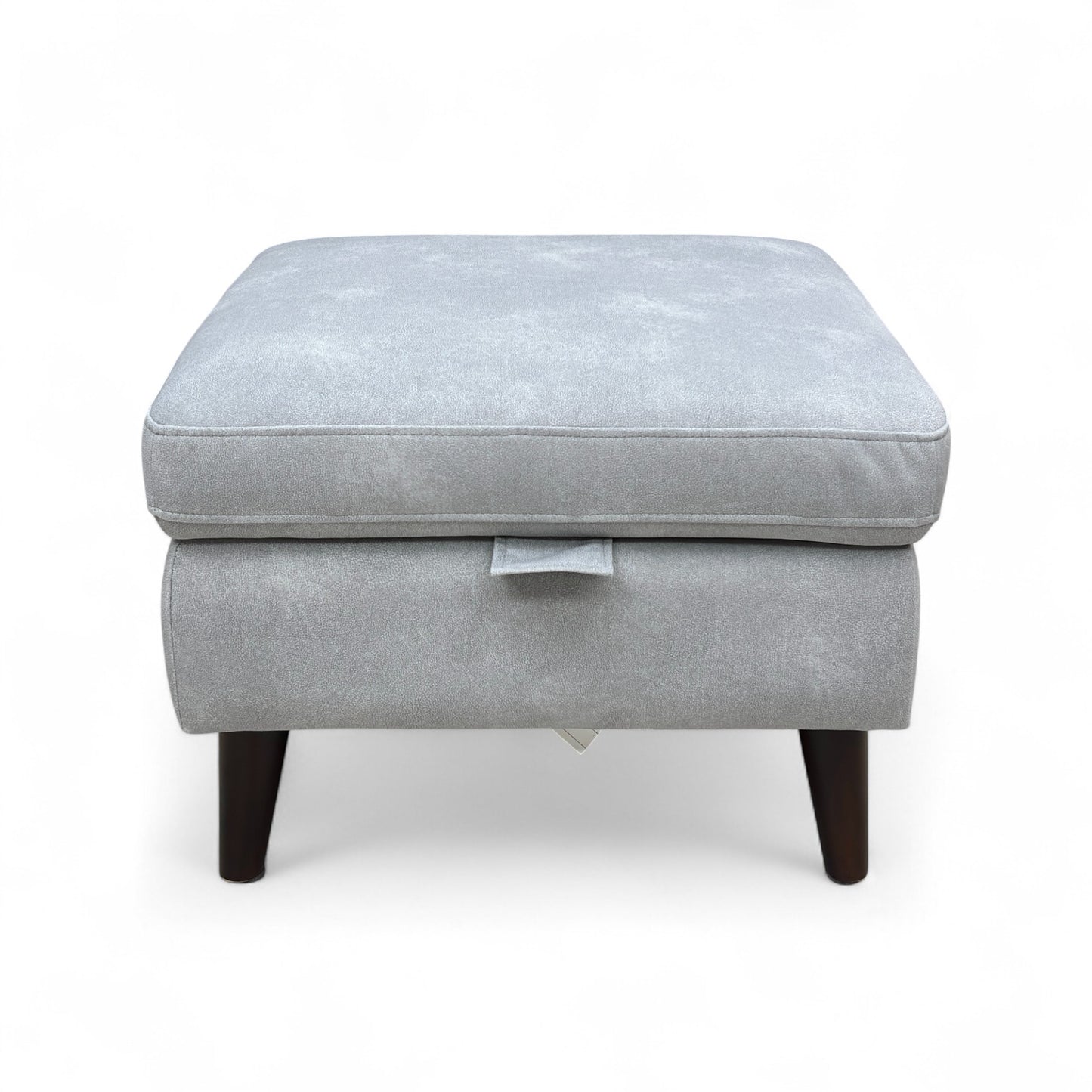 The footstool shown with the lid removed, placed beside the base to display the empty storage area clearly.
