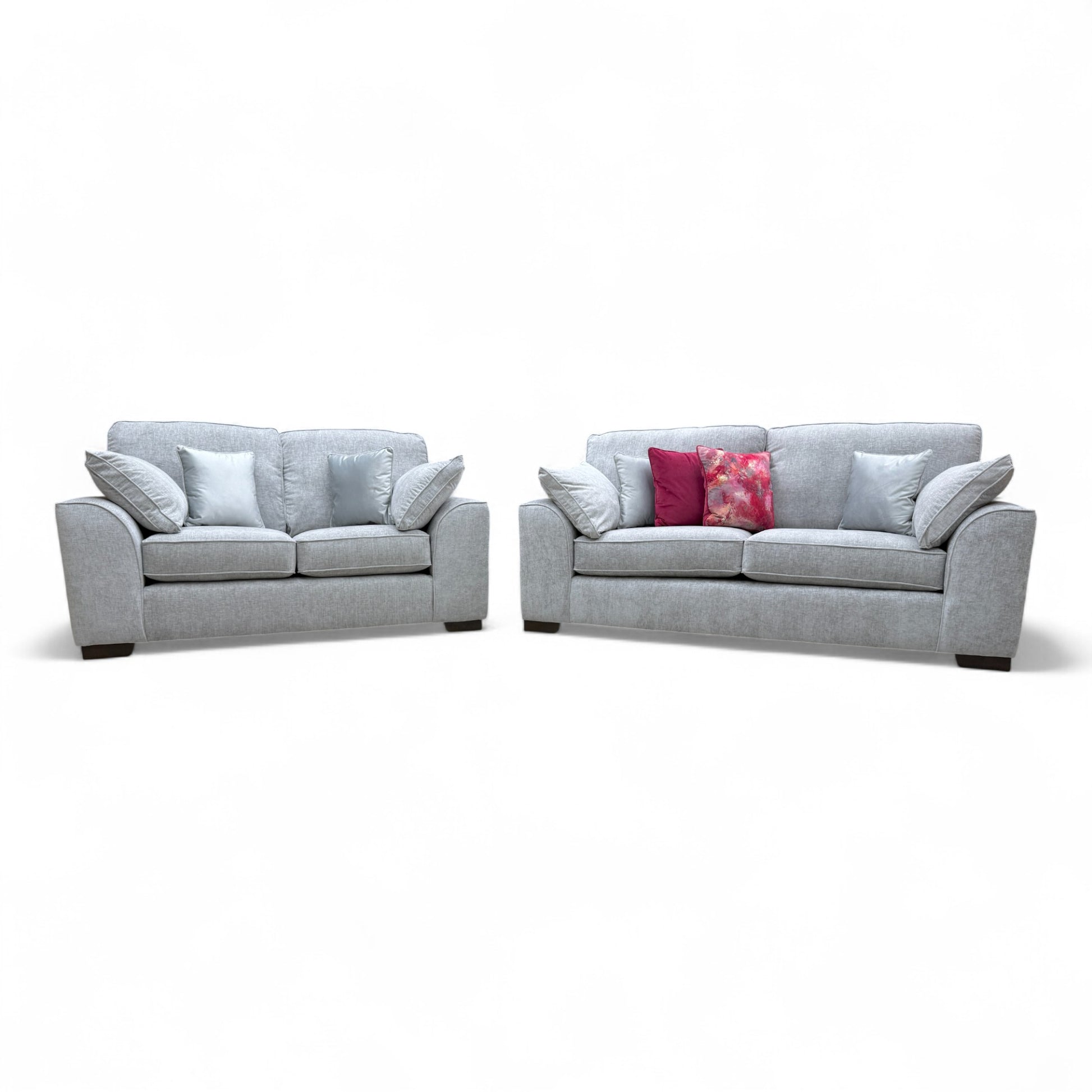 Full front view of the 3-seater and 2-seater 'Harvey' sofa set positioned together in light grey chenille fabric, showcasing the complete living room suite.