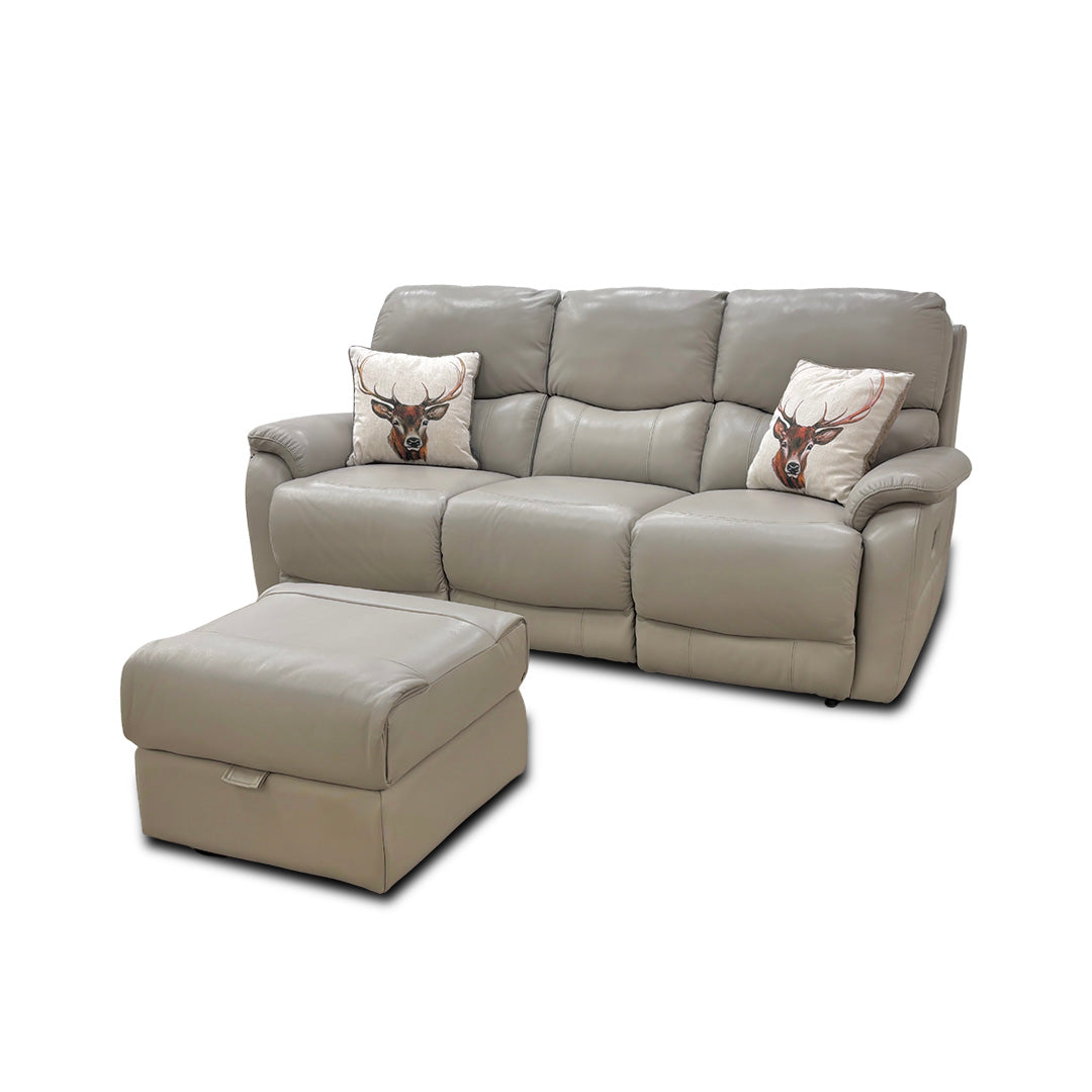 'Evelyn' Lead Grey Leather Manual Recliner 3 Seater Sofa with Storage Footstool