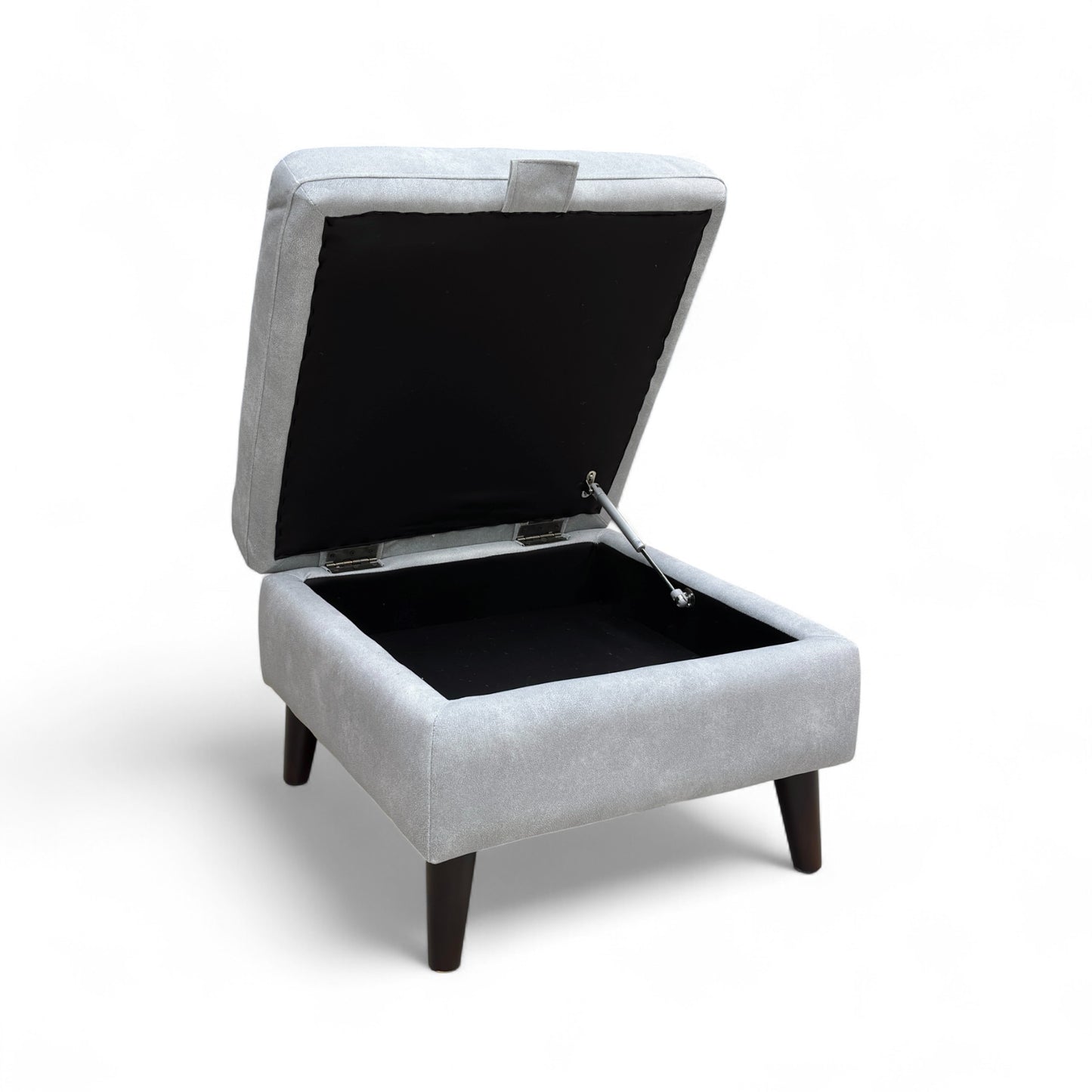 The footstool shown in an open position with the lid lifted, revealing the internal storage compartment.