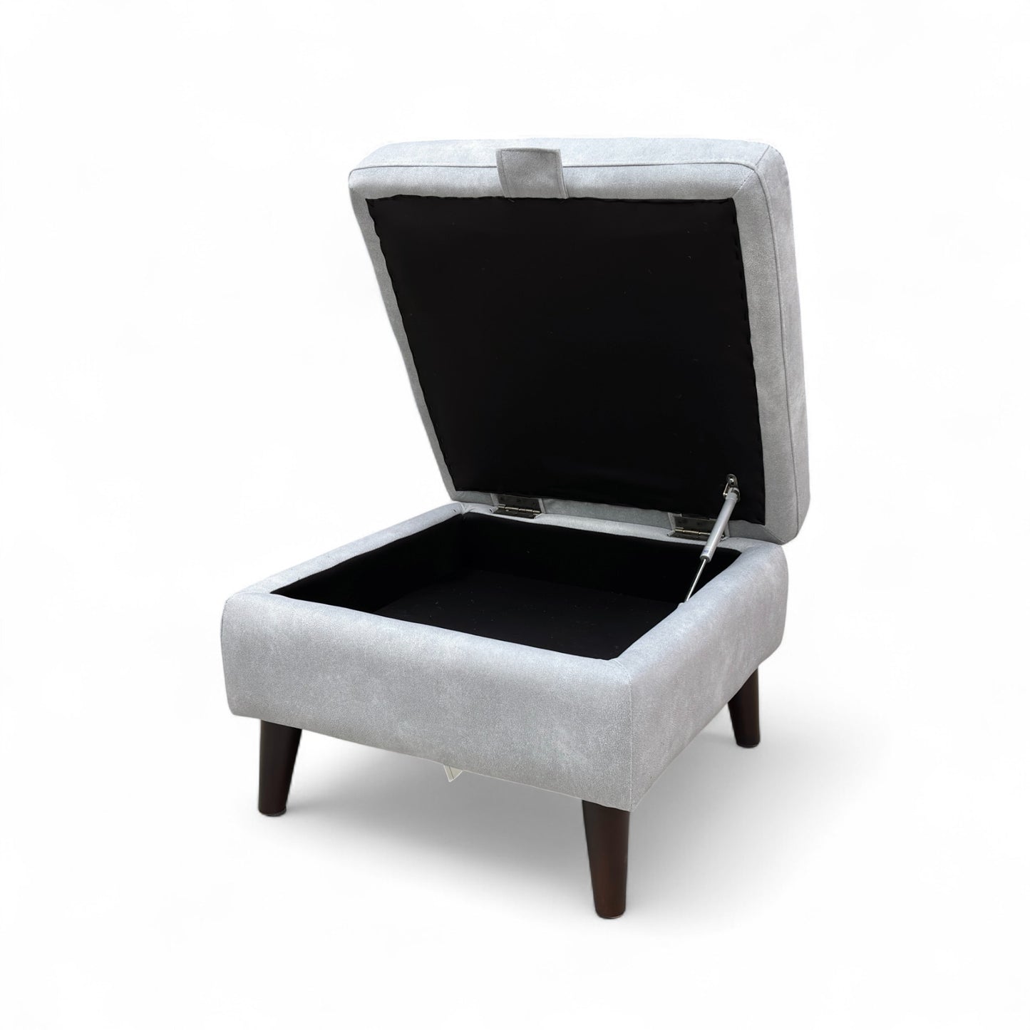 The footstool shown with the lid removed, placed beside the base to display the empty storage area clearly.