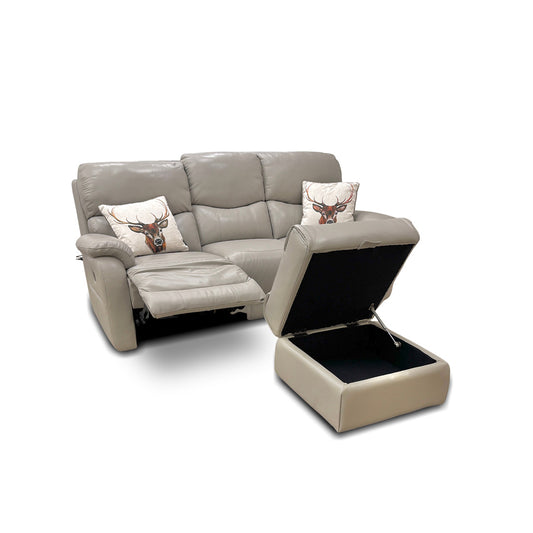 'Evelyn' Lead Grey Leather Manual Recliner 3 Seater Sofa with Storage Footstool