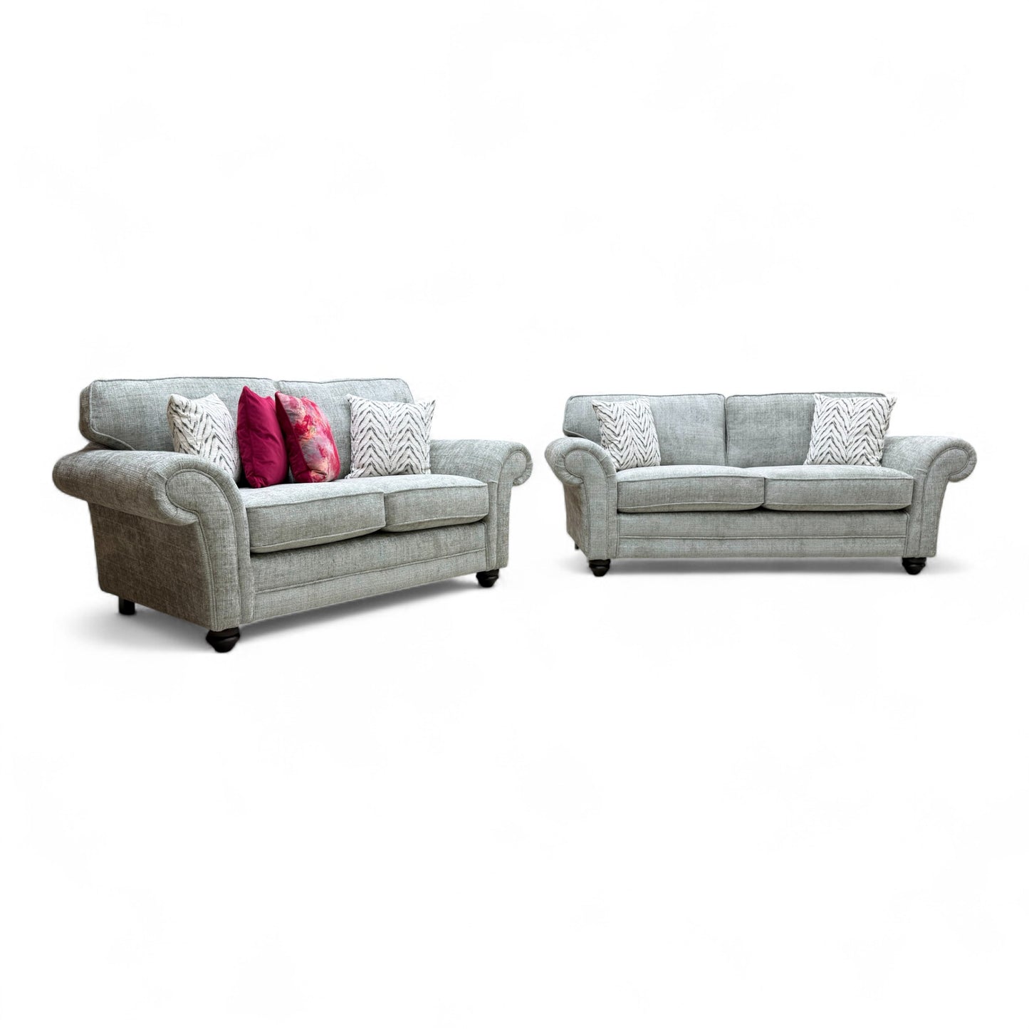 Full, straight-on view of the 'Clara' 3-seater sofa in sage green woven fabric, highlighting the cushion back design and wooden feet.